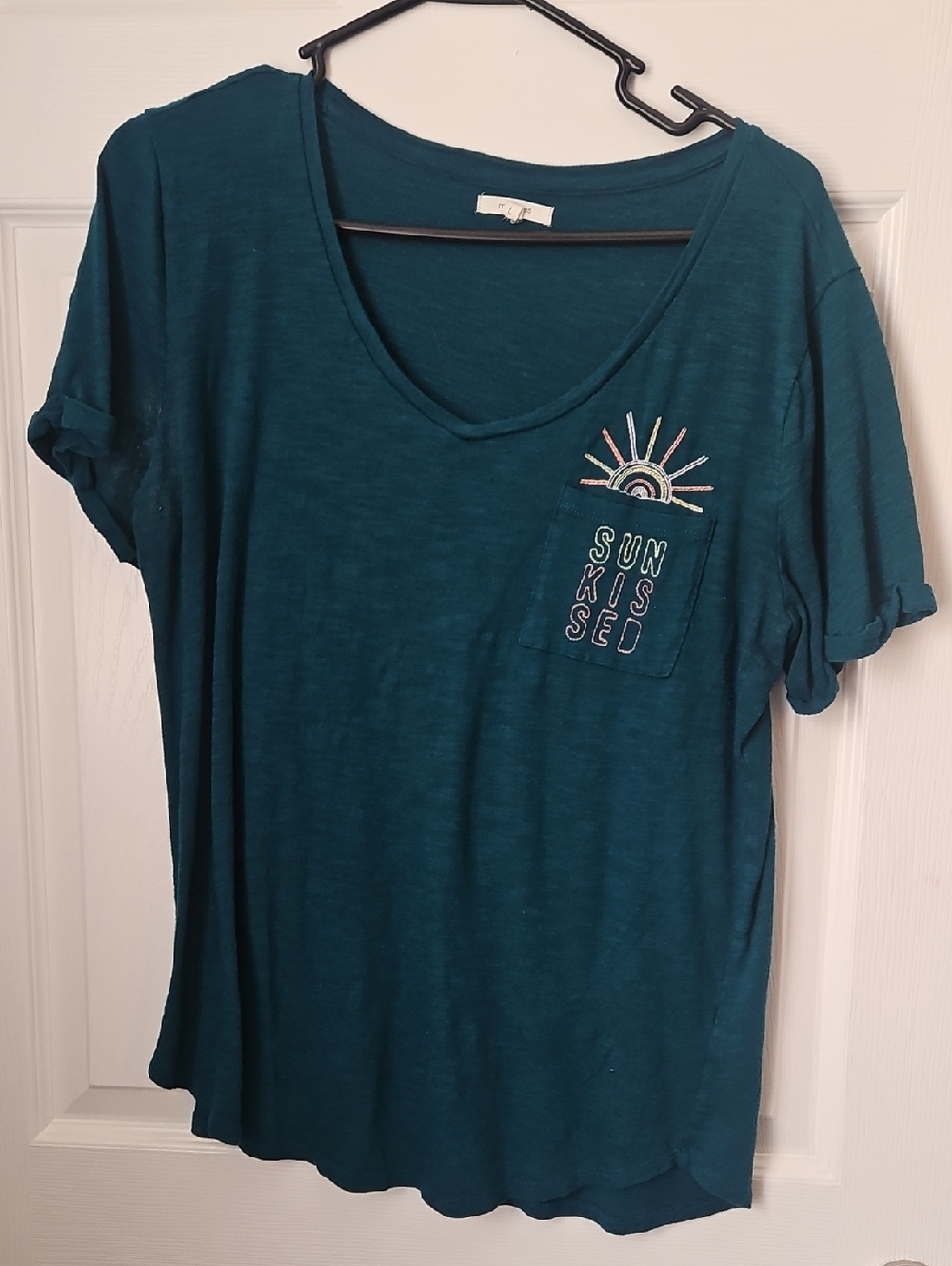 Maurices Teal V-Neck Pocket Tee with Sun Embroidery